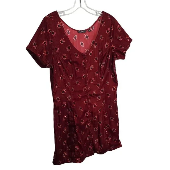 Obey Size M Dress Rouge Mini Floral Crinkle Velvet Button Front Ox Blood Red - Picture 1 of 12